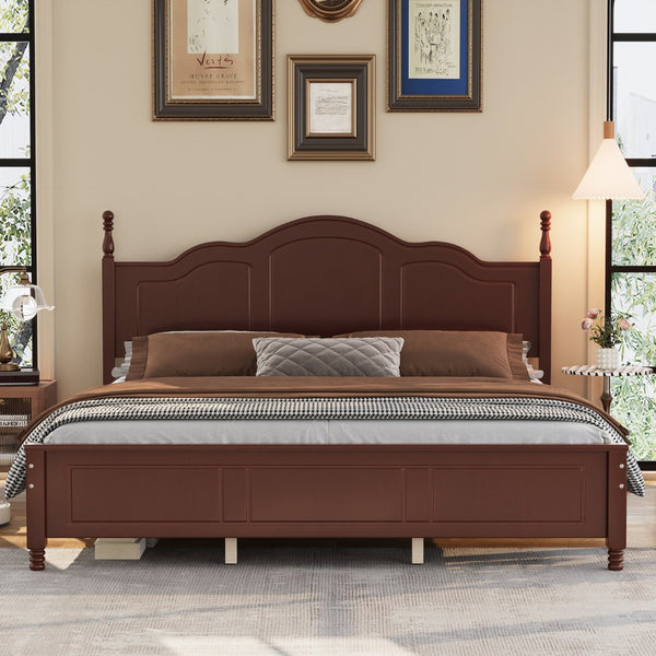 English Elm King Platform Bed Vintage Wave Headboard Finials Wood Slat Support Bedroom Frame Walnut N733P421985P