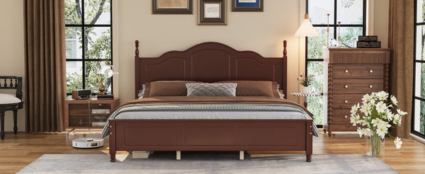 English Elm King Platform Bed Vintage Wave Headboard Finials Wood Slat Support Bedroom Frame Walnut N733P421985P