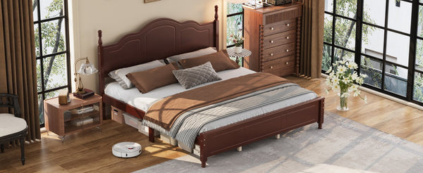English Elm King Platform Bed Vintage Wave Headboard Finials Wood Slat Support Bedroom Frame Walnut N733P421985P