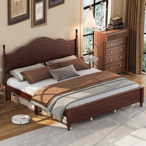 English Elm King Platform Bed Vintage Wave Headboard Finials Wood Slat Support Bedroom Frame Walnut N733P421985P