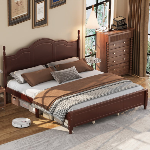 English Elm King Platform Bed Vintage Wave Headboard Finials Wood Slat Support Bedroom Frame Walnut N733P421985P