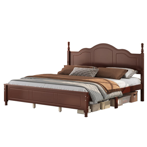 English Elm King Platform Bed Vintage Wave Headboard Finials Wood Slat Support Bedroom Frame Walnut N733P421985P