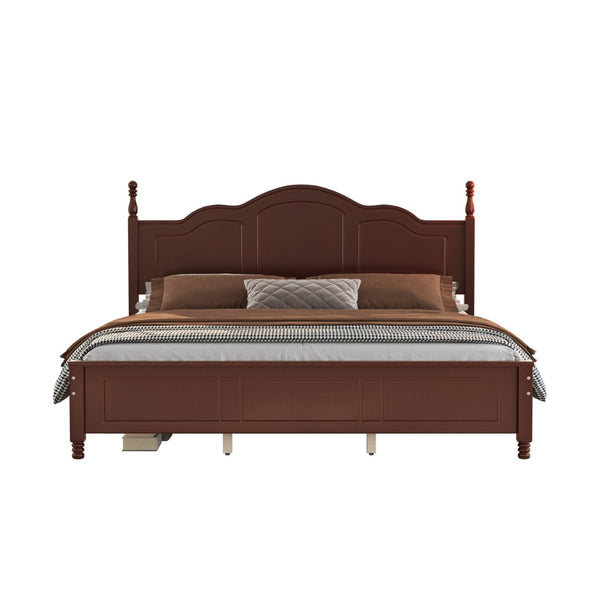 English Elm King Platform Bed Vintage Wave Headboard Finials Wood Slat Support Bedroom Frame Walnut N733P421985P