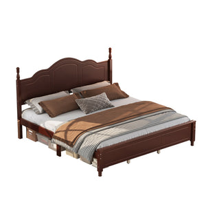 English Elm King Platform Bed Vintage Wave Headboard Finials Wood Slat Support Bedroom Frame Walnut N733P421985P