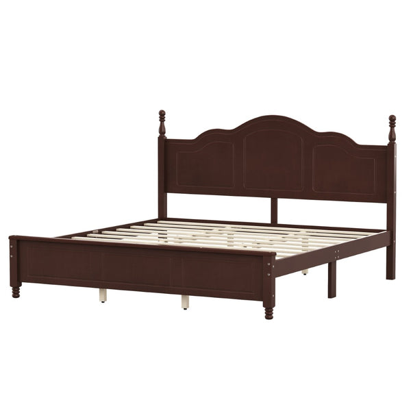 English Elm King Platform Bed Vintage Wave Headboard Finials Wood Slat Support Bedroom Frame Walnut N733P421985P
