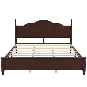 English Elm King Platform Bed Vintage Wave Headboard Finials Wood Slat Support Bedroom Frame Walnut N733P421985P