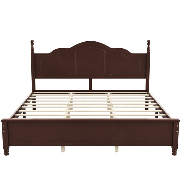 English Elm King Platform Bed Vintage Wave Headboard Finials Wood Slat Support Bedroom Frame Walnut N733P421985P
