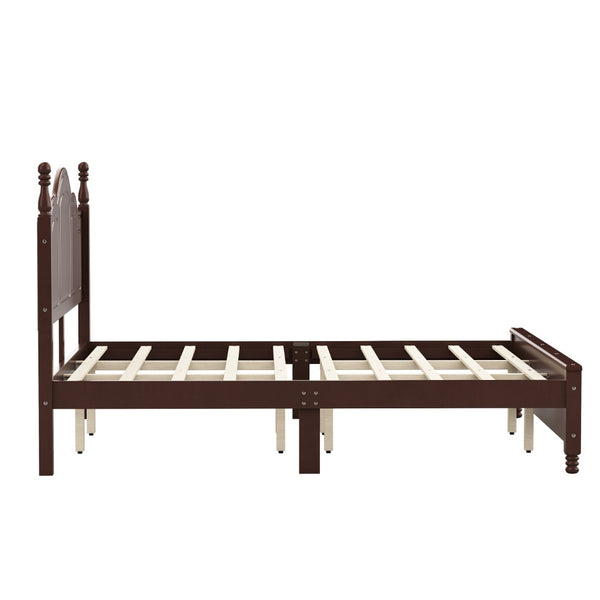 English Elm King Platform Bed Vintage Wave Headboard Finials Wood Slat Support Bedroom Frame Walnut N733P421985P