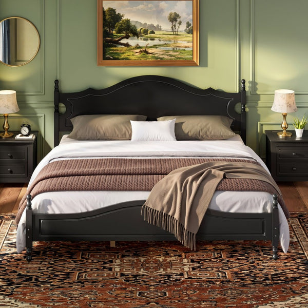 English Elm King Platform Bed Retro Wood Grain Headboard Solid Pine Frame No Box Spring Black N733P421988B
