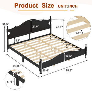English Elm King Platform Bed Retro Wood Grain Headboard Solid Pine Frame No Box Spring Black N733P421988B