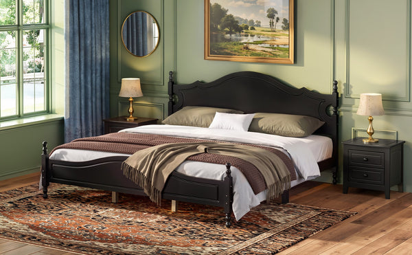 English Elm King Platform Bed Retro Wood Grain Headboard Solid Pine Frame No Box Spring Black N733P421988B