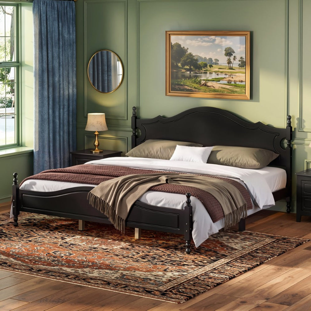 English Elm King Platform Bed Retro Wood Grain Headboard Solid Pine Frame No Box Spring Black N733P421988B