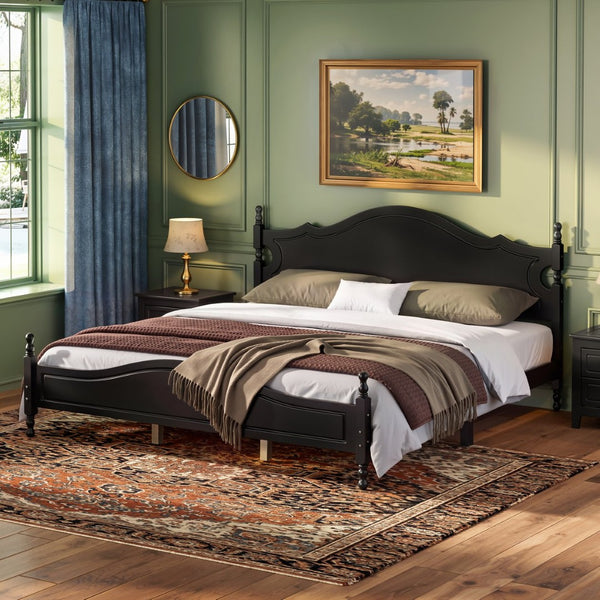 English Elm King Platform Bed Retro Wood Grain Headboard Solid Pine Frame No Box Spring Black N733P421988B