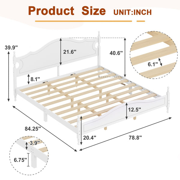 English Elm King Platform Bed Retro Wood Grain Headboard Solid Pine Frame No Box Spring White N733P421988K