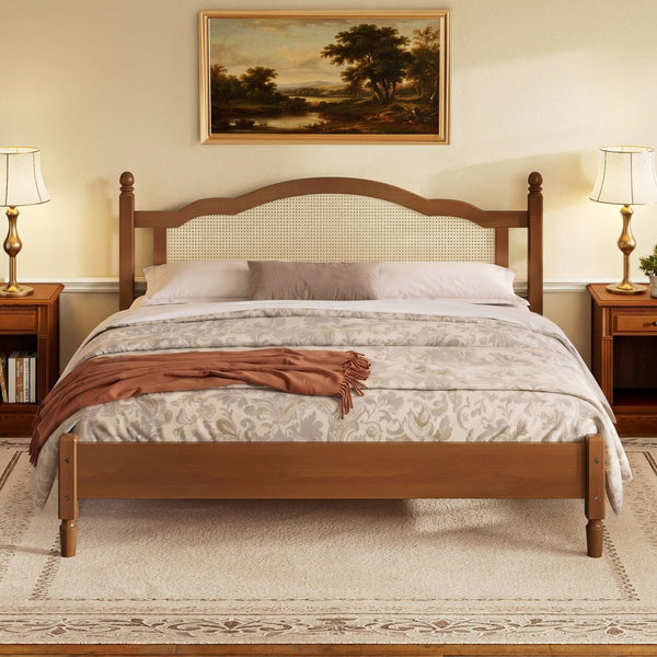 English Elm King Platform Bed with Arched Woven Rattan Headboard Walnut Finish Slat Base N733P428753D