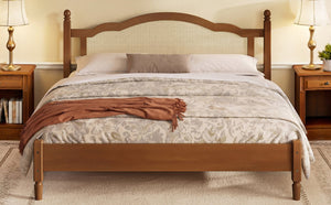 English Elm King Platform Bed with Arched Woven Rattan Headboard Walnut Finish Slat Base N733P428753D