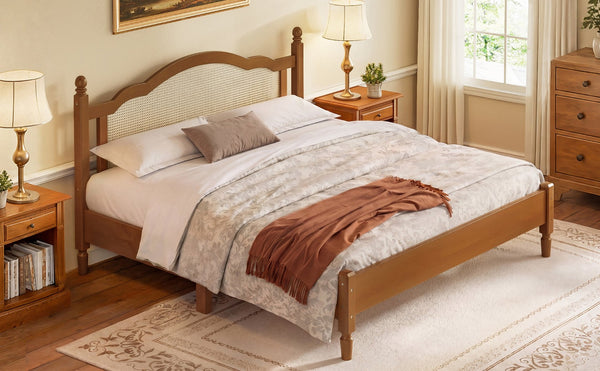 English Elm King Platform Bed with Arched Woven Rattan Headboard Walnut Finish Slat Base N733P428753D