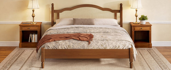English Elm King Platform Bed with Arched Woven Rattan Headboard Walnut Finish Slat Base N733P428753D