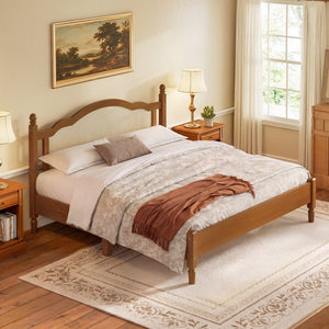 English Elm King Platform Bed with Arched Woven Rattan Headboard Walnut Finish Slat Base N733P428753D