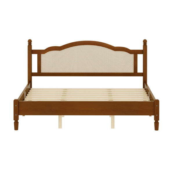 English Elm King Platform Bed with Arched Woven Rattan Headboard Walnut Finish Slat Base N733P428753D