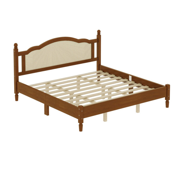 English Elm King Platform Bed with Arched Woven Rattan Headboard Walnut Finish Slat Base N733P428753D