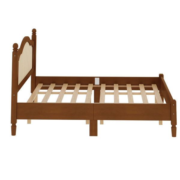 English Elm King Platform Bed with Arched Woven Rattan Headboard Walnut Finish Slat Base N733P428753D