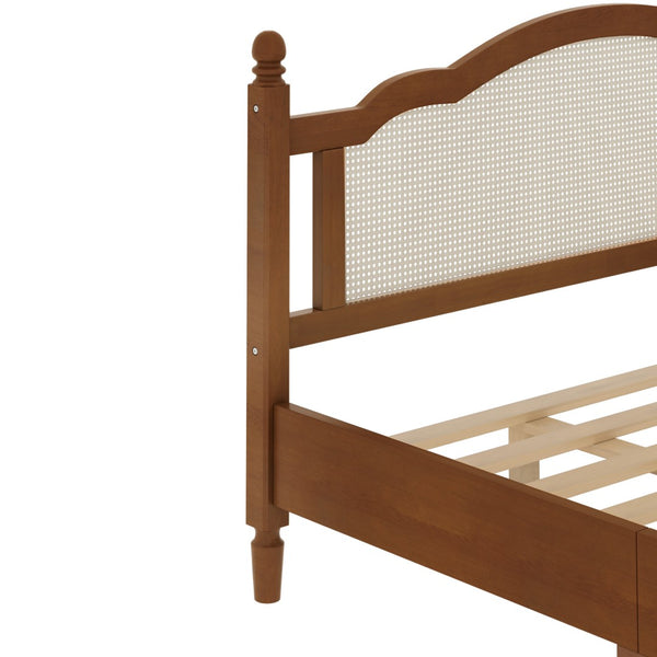 English Elm King Platform Bed with Arched Woven Rattan Headboard Walnut Finish Slat Base N733P428753D
