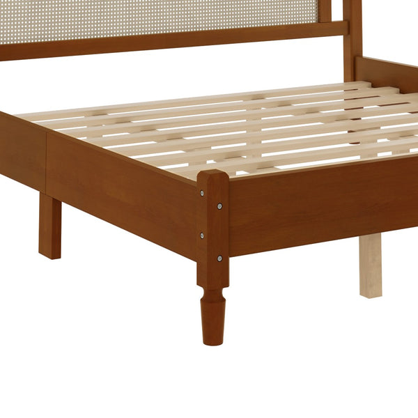 English Elm King Platform Bed with Arched Woven Rattan Headboard Walnut Finish Slat Base N733P428753D