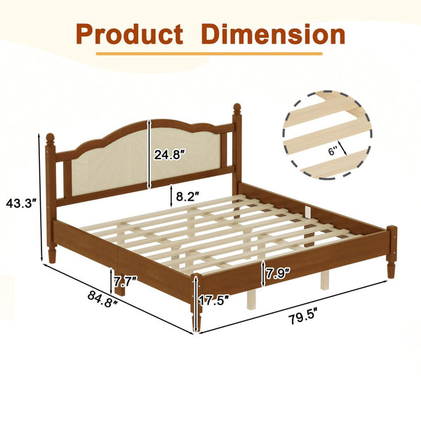English Elm King Platform Bed with Arched Woven Rattan Headboard Walnut Finish Slat Base N733P428753D
