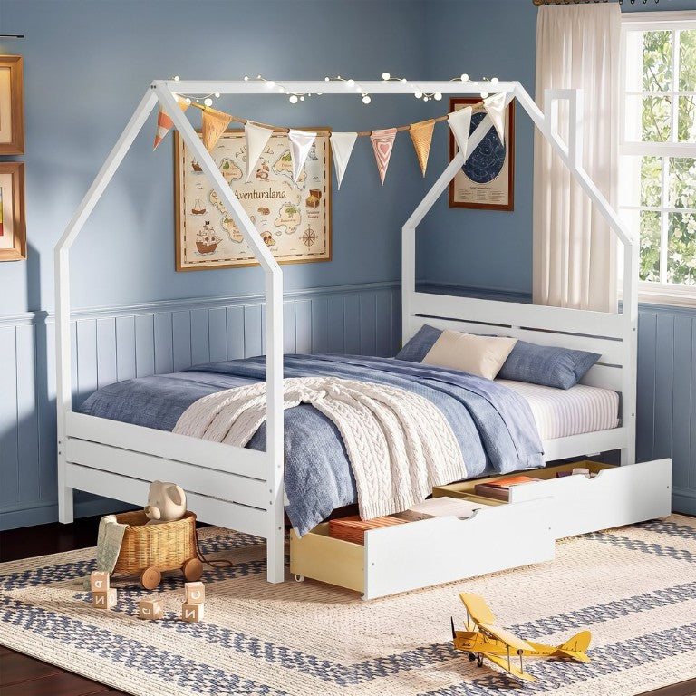 English Elm Twin House Platform Bed Pine Wood Cottage Headboard with Under Storage Drawers White Full N733P430756K