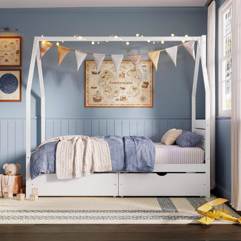 English Elm Twin House Platform Bed Pine Wood Cottage Headboard with Under Storage Drawers White Full N733P430756K