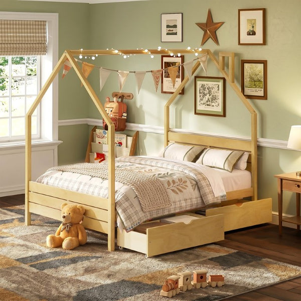 English Elm Full Pine Wood House Bed for Kids with 2 Storage Drawers and Peaked Roof Frame Natural 78.6 L x 56.9 W x 72.75 H N733P430756N