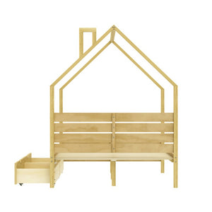 English Elm Full Pine Wood House Bed for Kids with 2 Storage Drawers and Peaked Roof Frame Natural 78.6 L x 56.9 W x 72.75 H N733P430756N