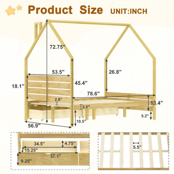 English Elm Full Pine Wood House Bed for Kids with 2 Storage Drawers and Peaked Roof Frame Natural 78.6 L x 56.9 W x 72.75 H N733P430756N