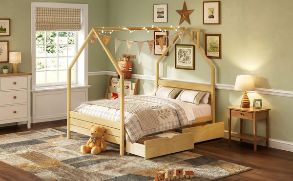 English Elm Full Pine Wood House Bed for Kids with 2 Storage Drawers and Peaked Roof Frame Natural 78.6 L x 56.9 W x 72.75 H N733P430756N