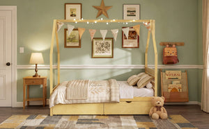 English Elm Full Pine Wood House Bed for Kids with 2 Storage Drawers and Peaked Roof Frame Natural 78.6 L x 56.9 W x 72.75 H N733P430756N