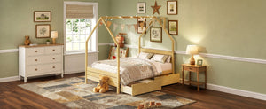 English Elm Full Pine Wood House Bed for Kids with 2 Storage Drawers and Peaked Roof Frame Natural 78.6 L x 56.9 W x 72.75 H N733P430756N