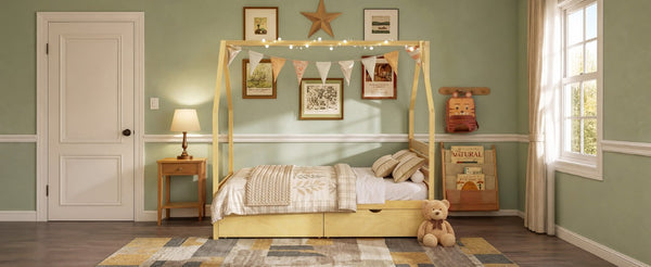 English Elm Full Pine Wood House Bed for Kids with 2 Storage Drawers and Peaked Roof Frame Natural 78.6 L x 56.9 W x 72.75 H N733P430756N