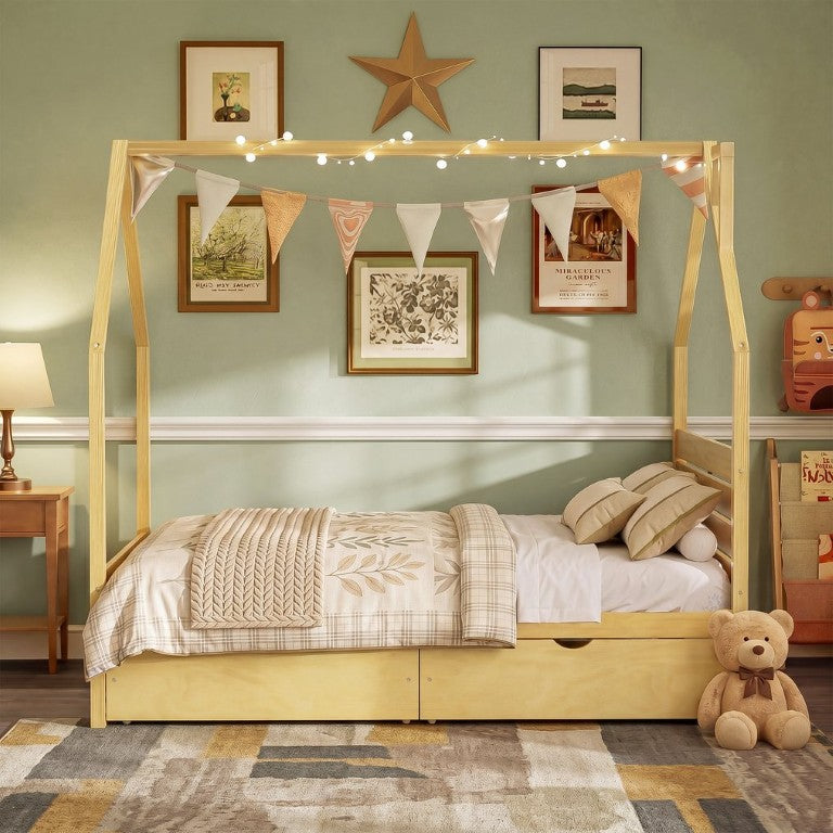 English Elm Full Pine Wood House Bed for Kids with 2 Storage Drawers and Peaked Roof Frame Natural 78.6 L x 56.9 W x 72.75 H N733P430756N