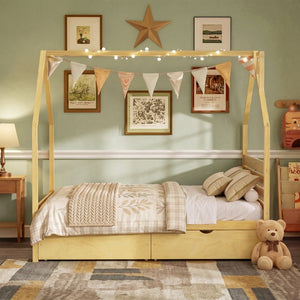 English Elm Full Pine Wood House Bed for Kids with 2 Storage Drawers and Peaked Roof Frame Natural 78.6 L x 56.9 W x 72.75 H N733P430756N