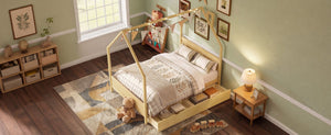 English Elm Full Pine Wood House Bed for Kids with 2 Storage Drawers and Peaked Roof Frame Natural 78.6 L x 56.9 W x 72.75 H N733P430756N