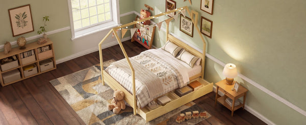 English Elm Full Pine Wood House Bed for Kids with 2 Storage Drawers and Peaked Roof Frame Natural 78.6 L x 56.9 W x 72.75 H N733P430756N