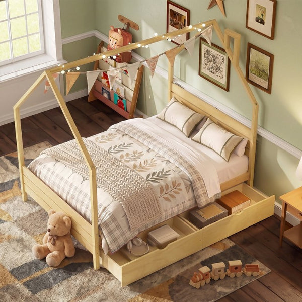English Elm Full Pine Wood House Bed for Kids with 2 Storage Drawers and Peaked Roof Frame Natural 78.6 L x 56.9 W x 72.75 H N733P430756N