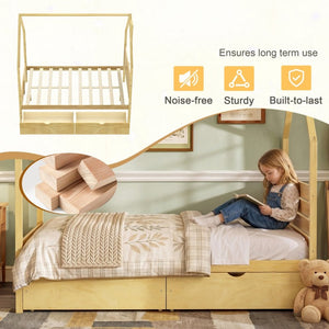 English Elm Full Pine Wood House Bed for Kids with 2 Storage Drawers and Peaked Roof Frame Natural 78.6 L x 56.9 W x 72.75 H N733P430756N