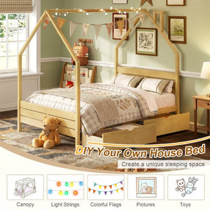 English Elm Full Pine Wood House Bed for Kids with 2 Storage Drawers and Peaked Roof Frame Natural 78.6 L x 56.9 W x 72.75 H N733P430756N