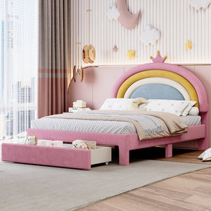 English Elm Full Size Pink Velvet Platform Bed Rainbow Arched Headboard with Storage Drawers N733P436911H