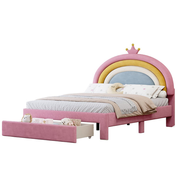 English Elm Full Size Pink Velvet Platform Bed Rainbow Arched Headboard with Storage Drawers N733P436911H