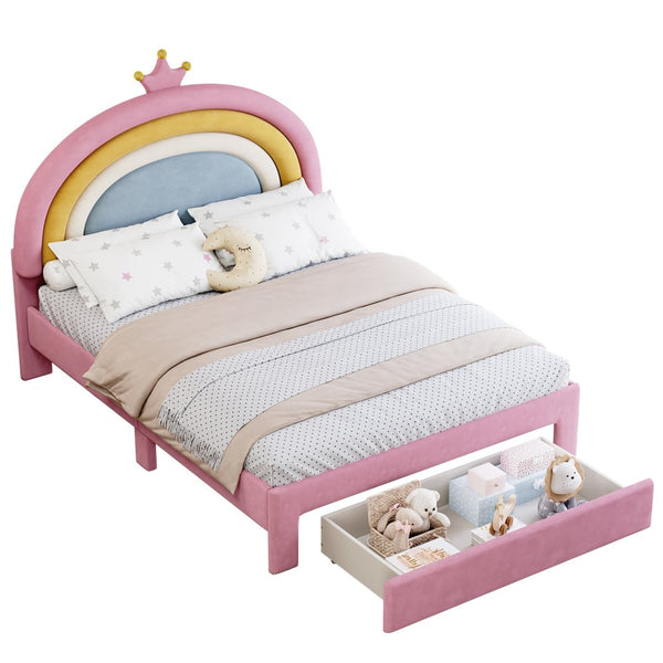 English Elm Full Size Pink Velvet Platform Bed Rainbow Arched Headboard with Storage Drawers N733P436911H