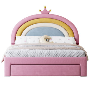 English Elm Full Size Pink Velvet Platform Bed Rainbow Arched Headboard with Storage Drawers N733P436911H