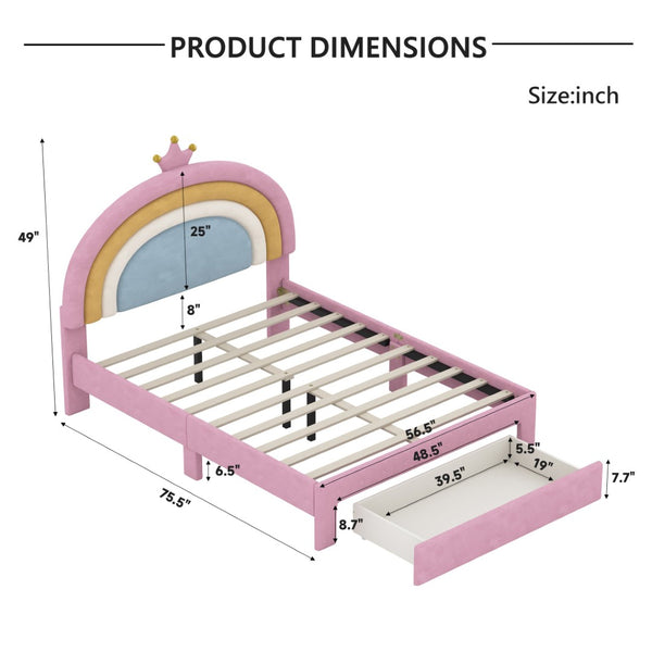 English Elm Full Size Pink Velvet Platform Bed Rainbow Arched Headboard with Storage Drawers N733P436911H